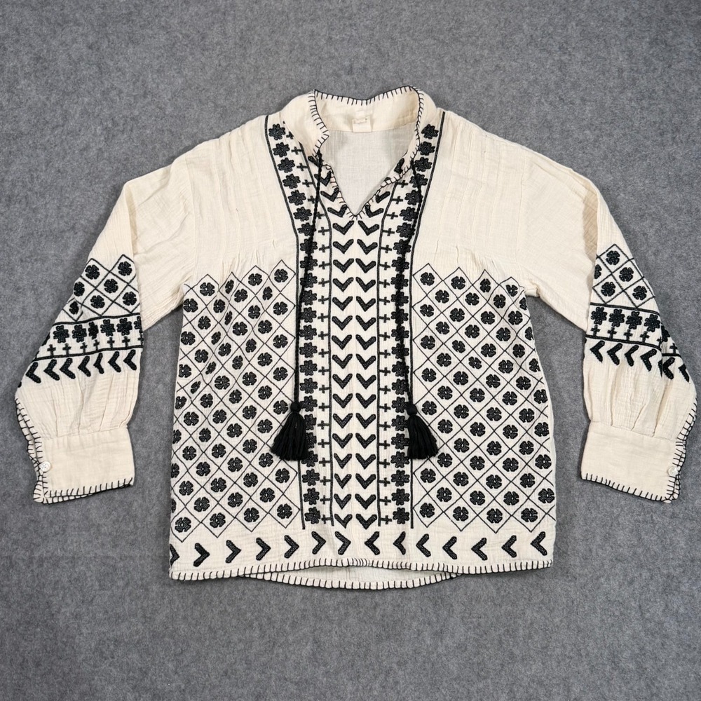 Ivy Jane Sand Black Tic Tac Heather Long Sleeve Blouse Women's Size Small